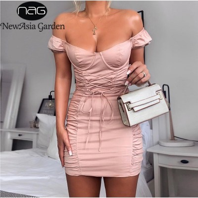 NewAsia Puff Sleeve Party Dress Women Summer Off Shoulder Sexy Bodycon Dress Corset Lace Up Tight Mini Ruched Dress Pink Dresses